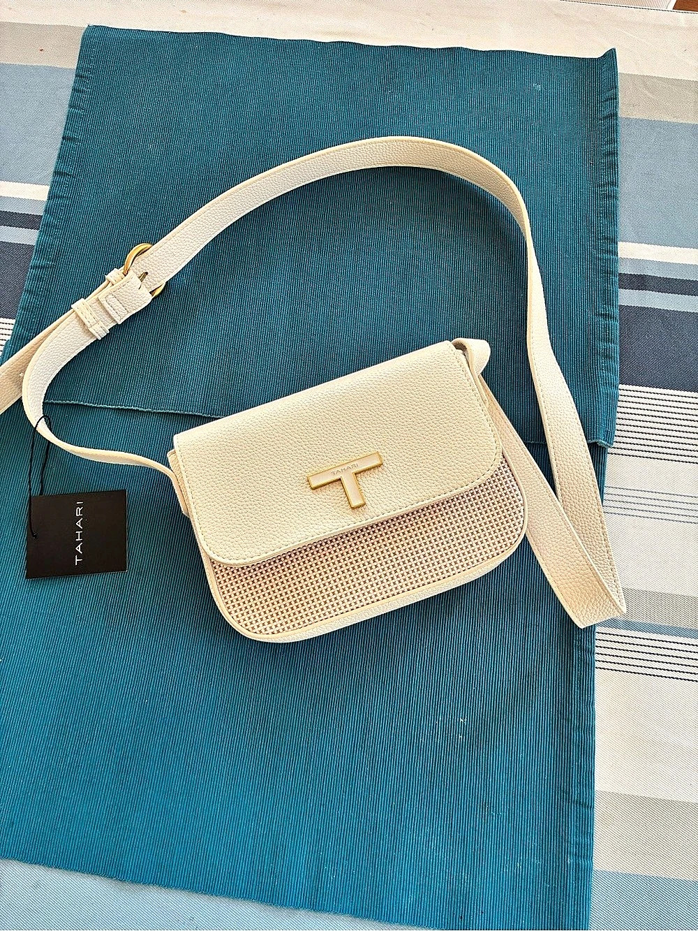 NWT Tahari Cream Pebbled & Woven Crossbody Bag Gold Hardware